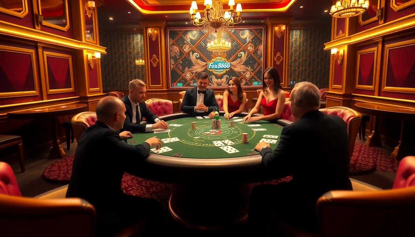 Engaging scene of a poker table at fox888, showcasing vibrant casino décor and lively players.