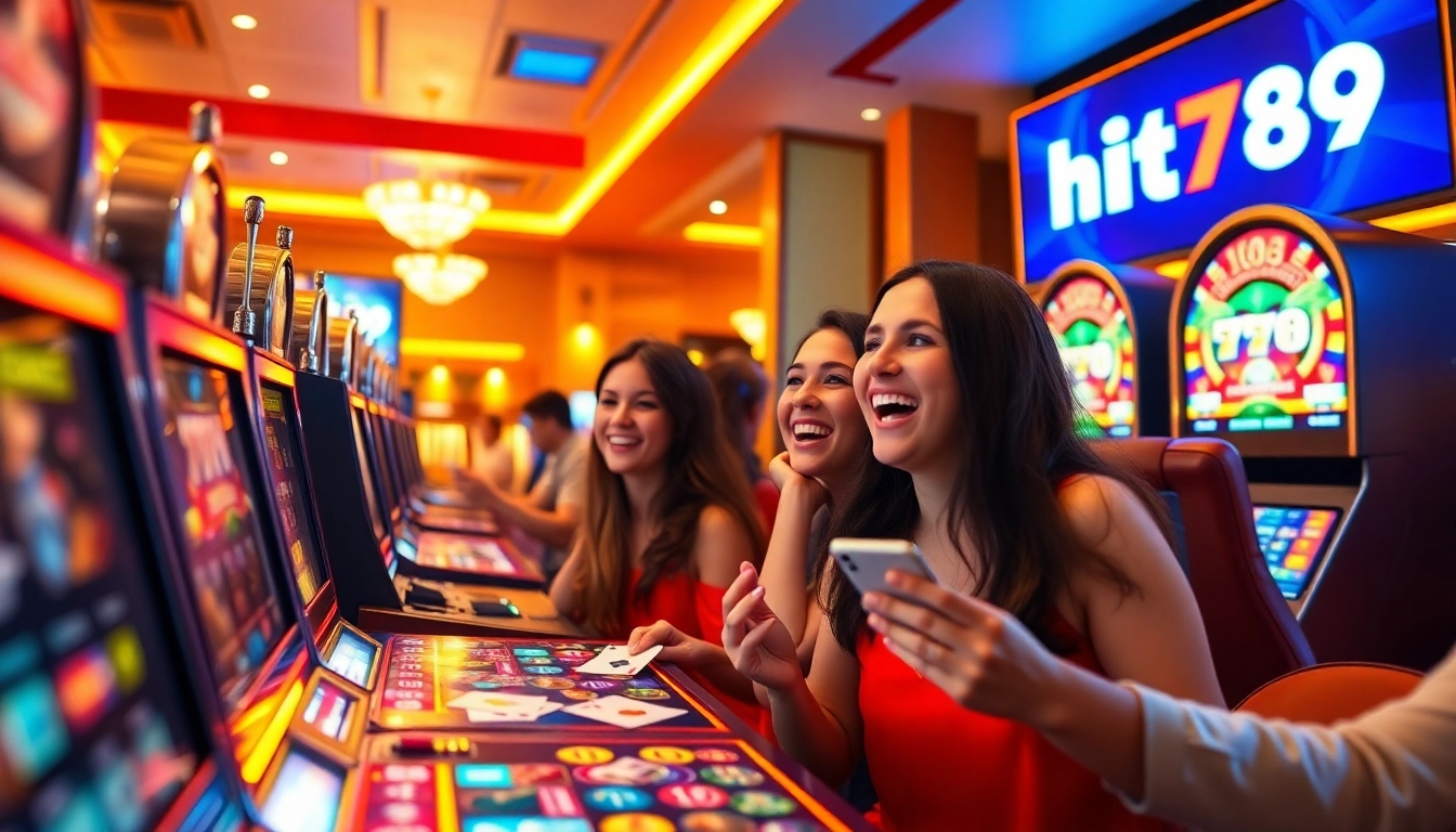 Experience the excitement of hit789 in a lively casino scene with colorful slot machines and joyful players.