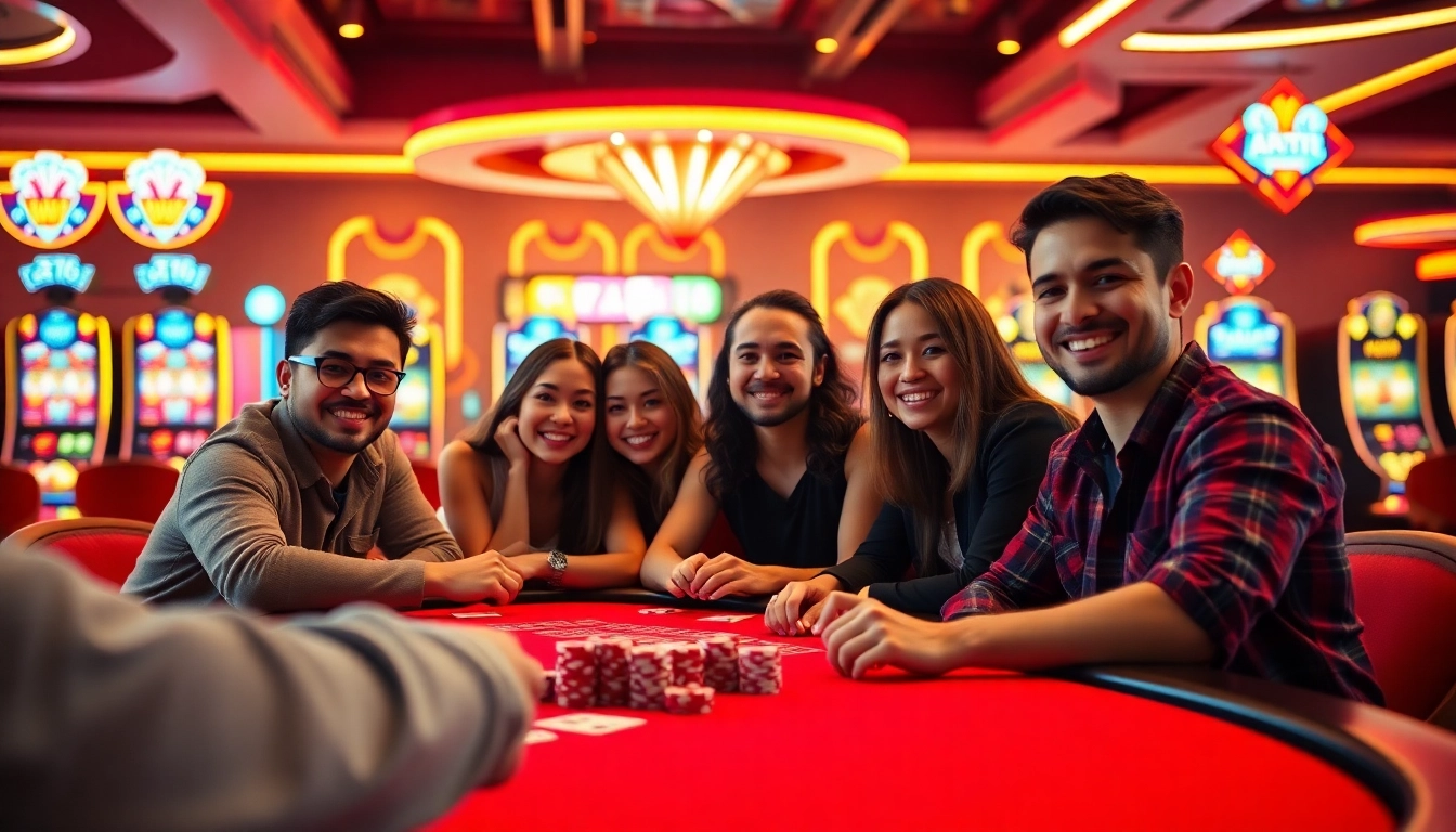 Experience the thrill of gaming at fenix168, where friends win big with vibrant casino tables and neon lights.