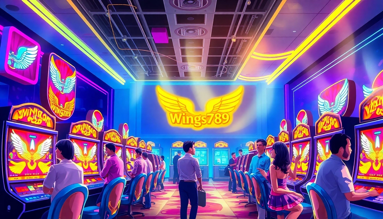 Experience the excitement of wings789 with colorful slot machines and happy players in a lively casino.