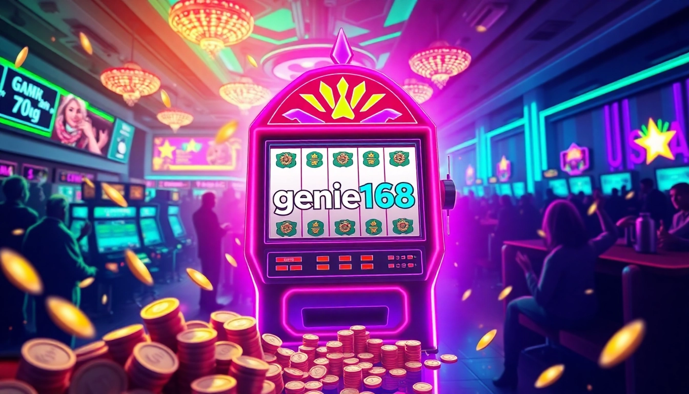 Experience thrilling gameplay and vibrant visuals at genie168, featuring enticing slot machines and a lively casino atmosphere.