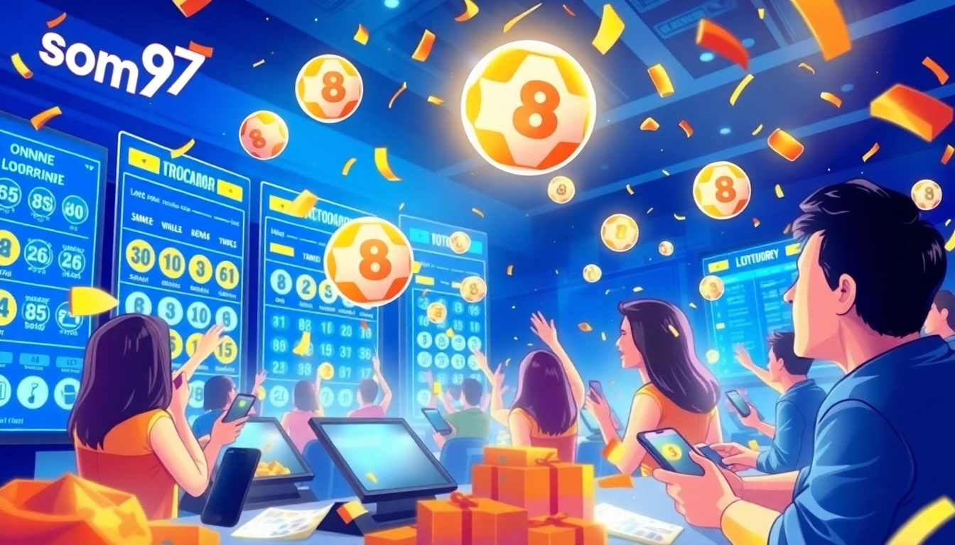 Experience the excitement of som777 lottery with colorful digital lottery interfaces and engaged players.