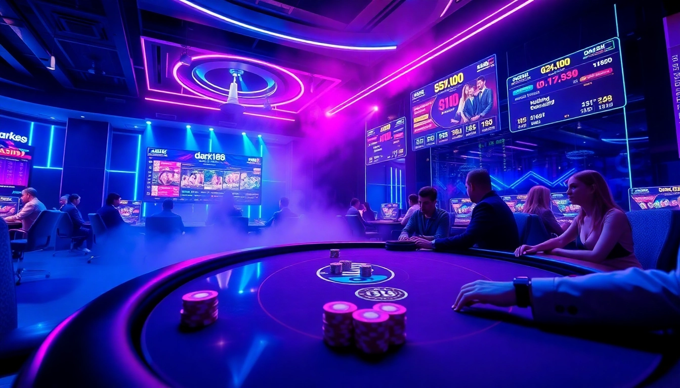 Explore the vibrant online casino world of dark168 with glowing tables and exciting games.