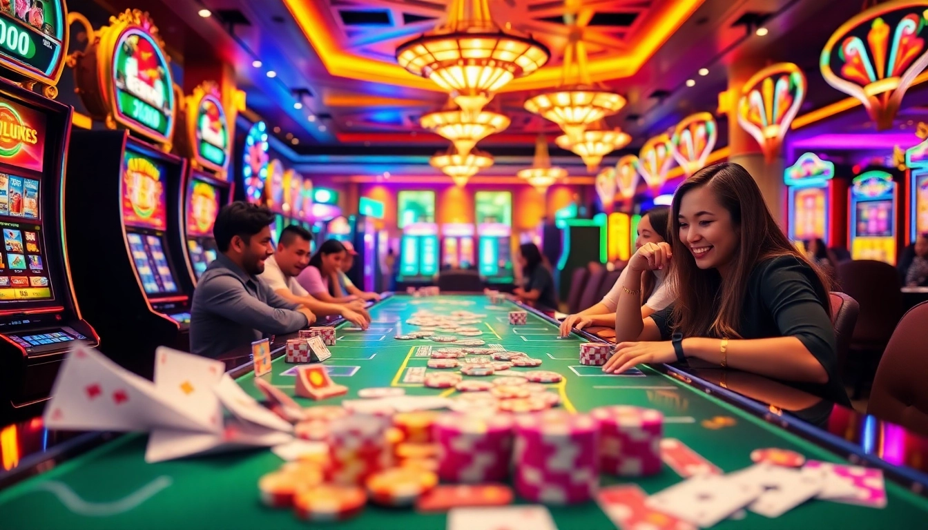 Enjoy an immersive experience at HappyLuke casino with vibrant gaming tables and slot machines.