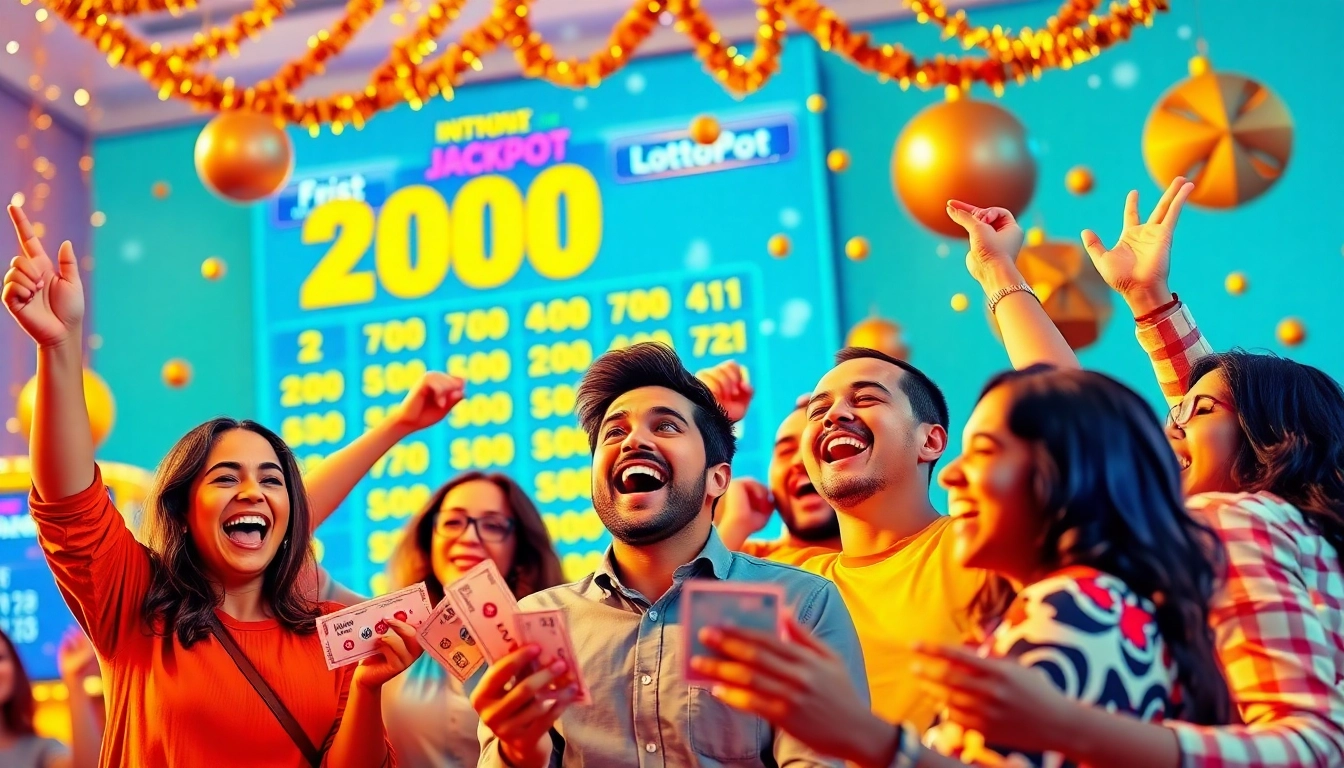 Excited players celebrating lottery wins with Lottorich28, showcasing vibrant colors and festivity.