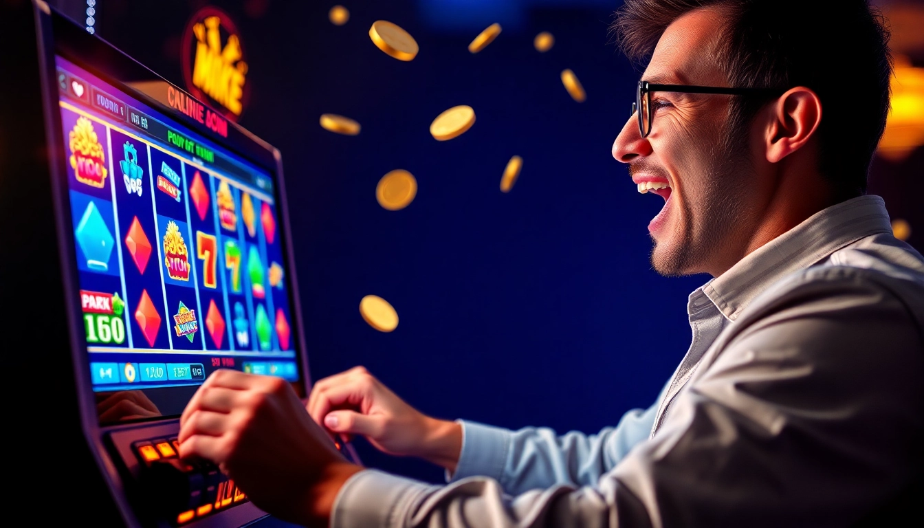 Experience thrilling moments with สล็อตเว็บตรง slot machine featuring vibrant games and an excited player.