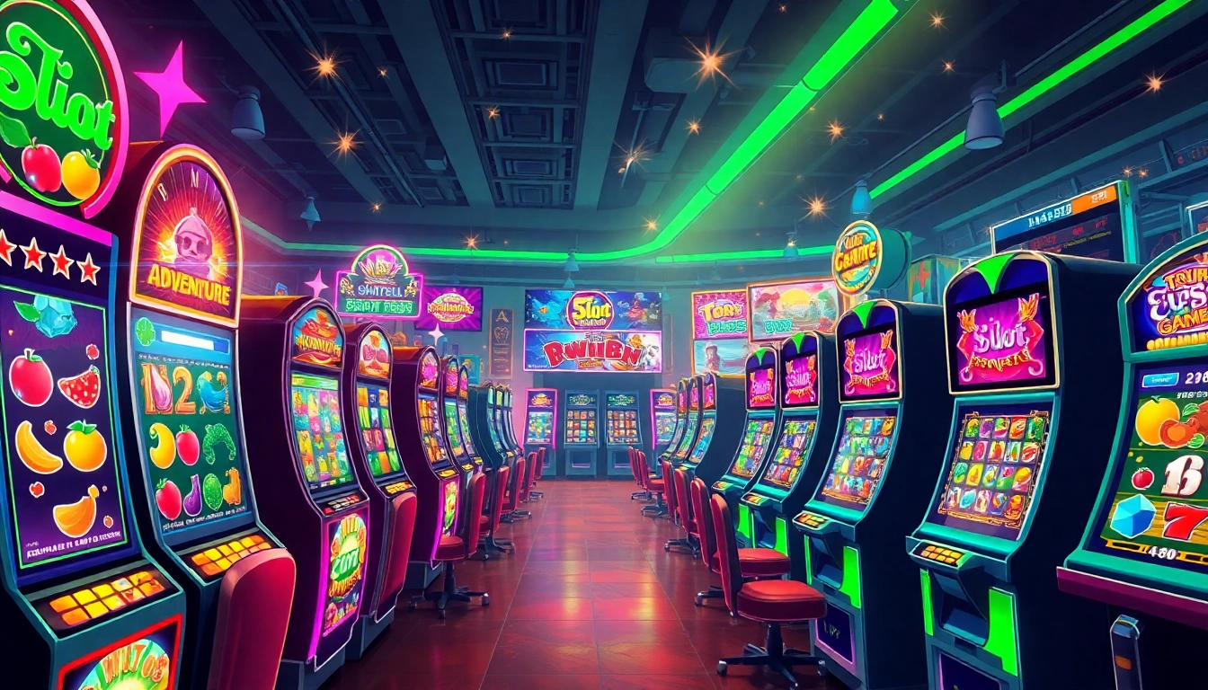 Exciting สล็อต gaming scene featuring colorful slot machines in a lively casino atmosphere.