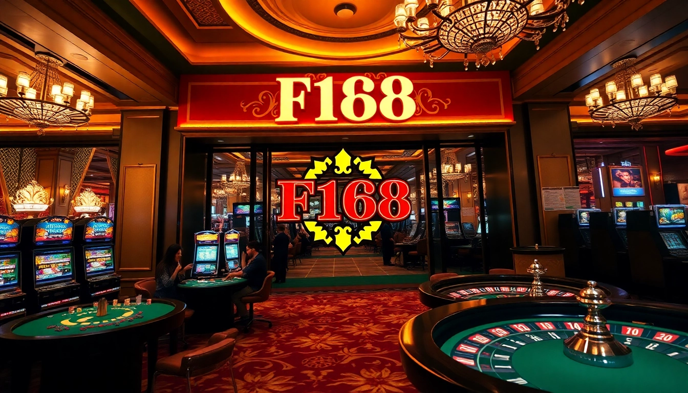 Experience the excitement of the thương hiệu F168 casino with players enjoying poker tables and dazzling slot machines.