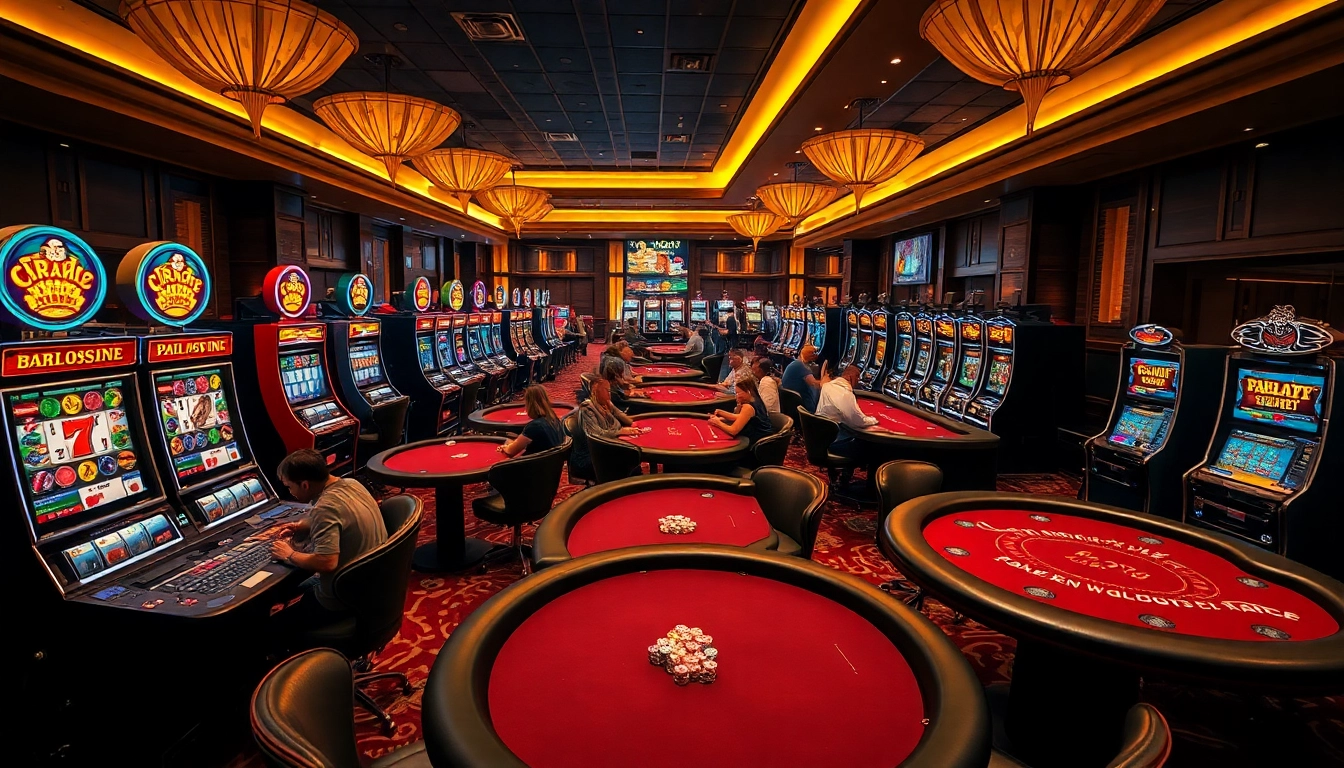 Experience the excitement of kubet77 at a vibrant casino with poker, blackjack, and colorful slot machines.