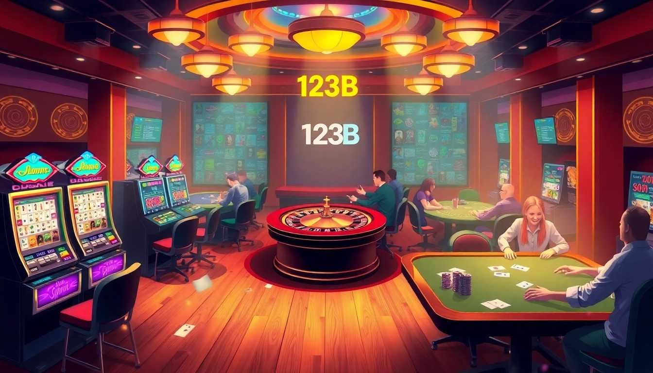 Players enjoying high-stakes games at the 123B casino, featuring vibrant slot machines and an exciting roulette table.