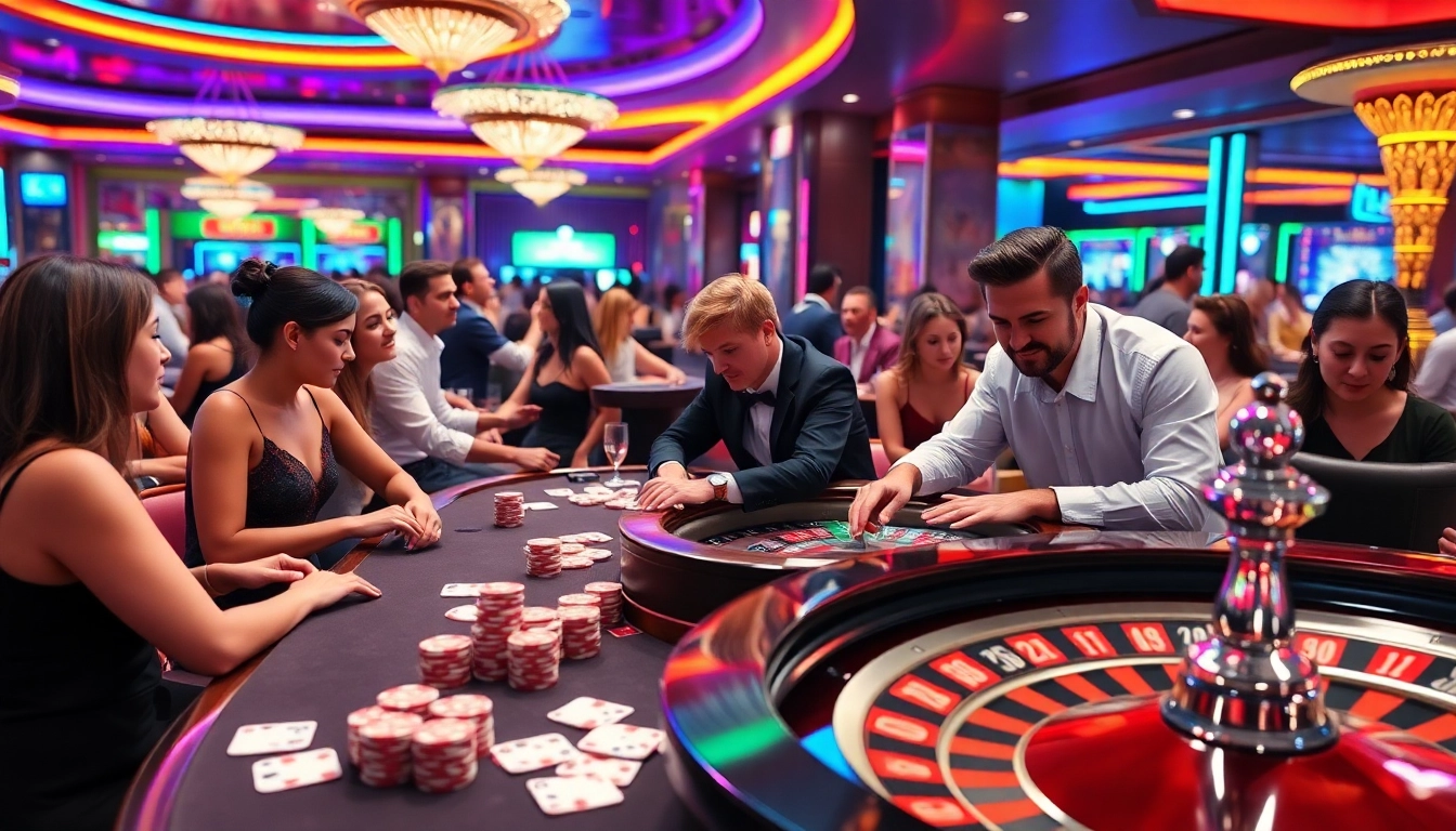 Thrill-seekers experiencing the excitement of live games at 123B casino, surrounded by vibrant slot machines and poker tables.