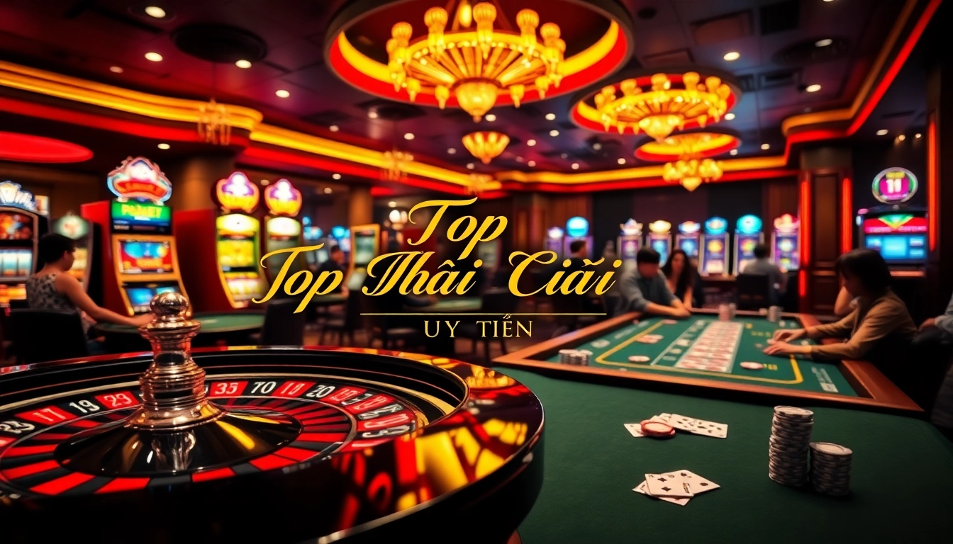 Exciting scene of a casino featuring top nhà cái uy tín with roulette and poker tables.