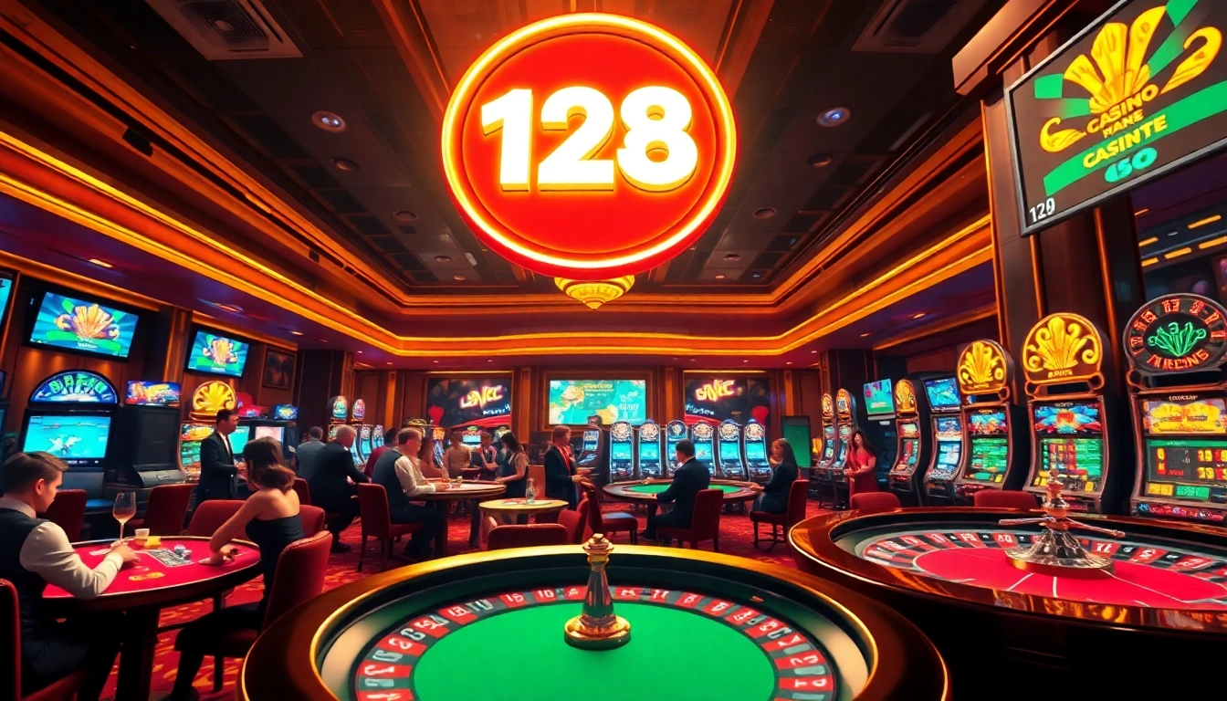 The lively gaming floor of 123B Casino featuring poker tables and a spinning roulette wheel, capturing the thrill of winning.