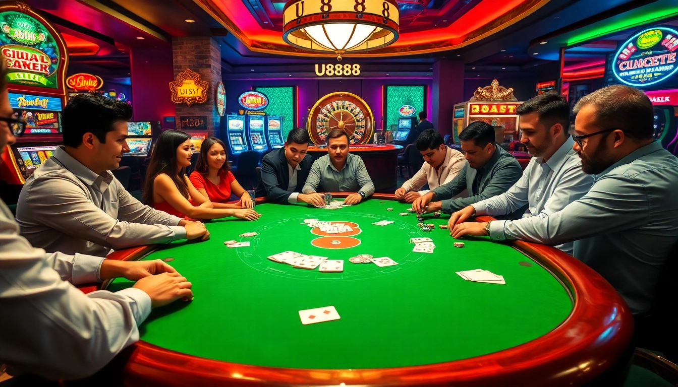 Experience the thrill of gambling with U8888 at an exciting poker table featuring vibrant chips and cards.