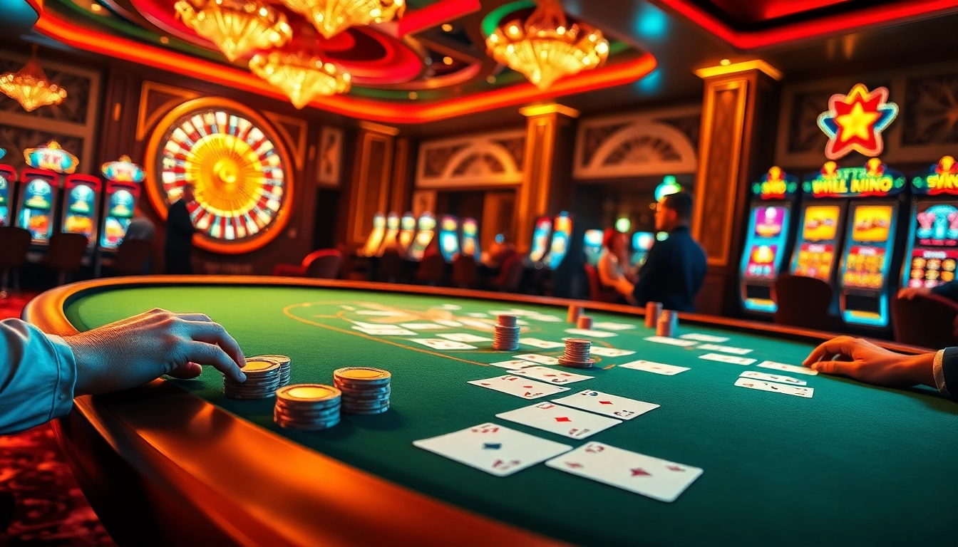 Experience the thrill of game bài đổi thưởng at a luxurious casino, featuring poker, roulette, and vibrant slot machines.