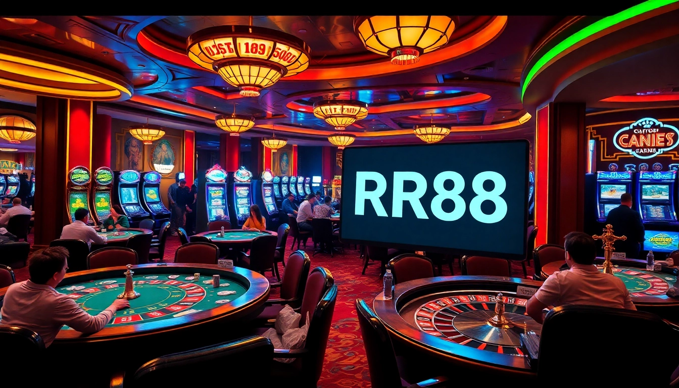 Experience thrilling gameplay at RR88 with vibrant casino tables and colorful slot machines.