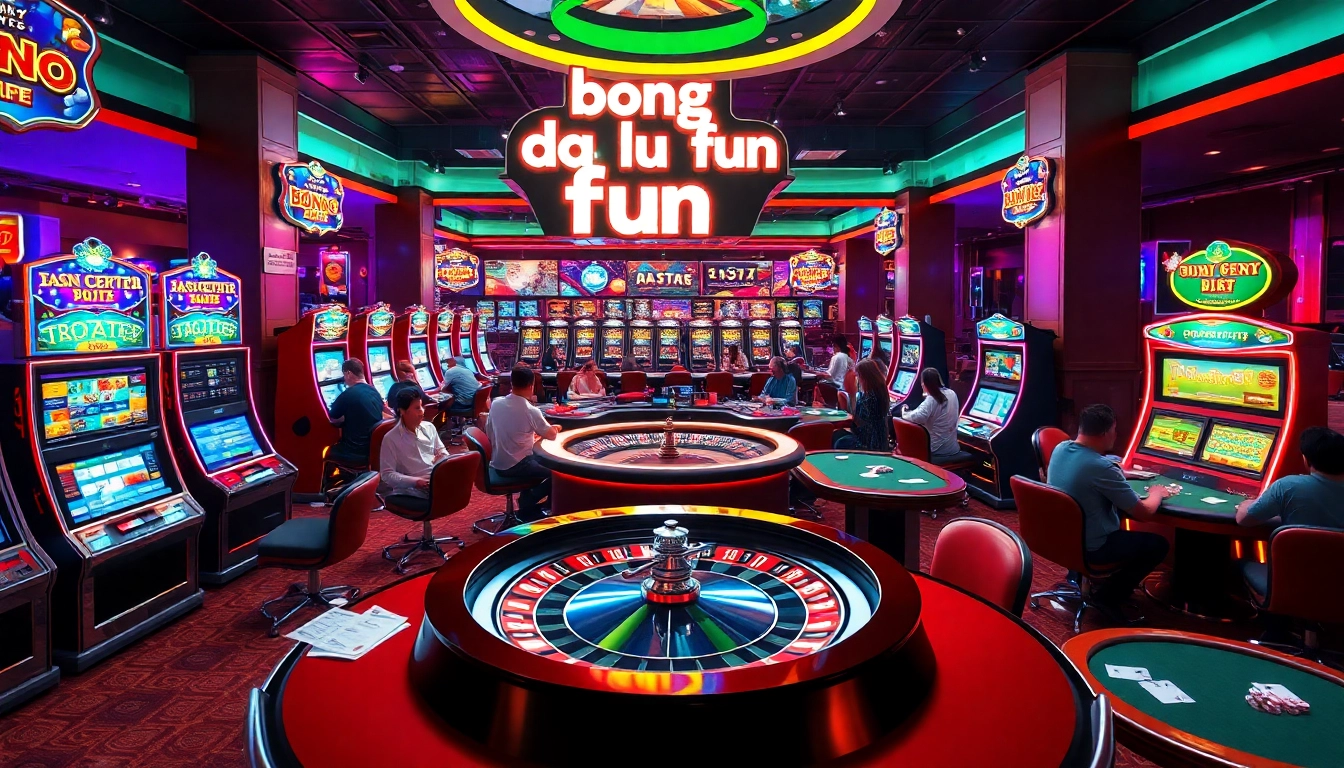Experience the thrill of "bong da lu fun" at a vibrant casino filled with slot machines and excited players engaged in thrilling games.