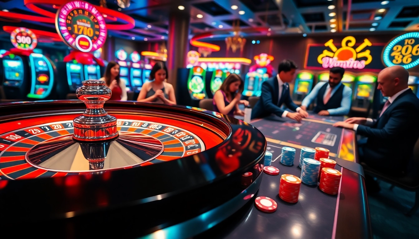WW88 casino gaming table with roulette wheel and vibrant players betting.