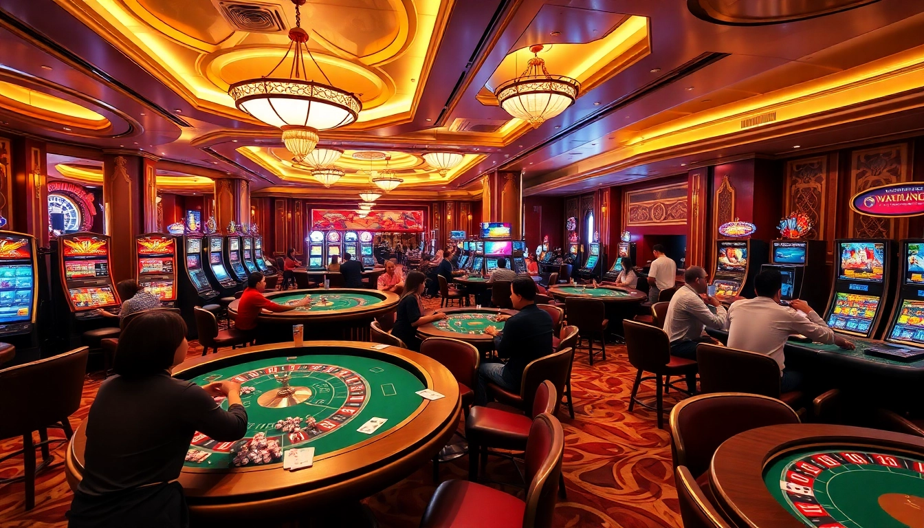 Explore an exciting casino scene featuring games at 69VN COM, highlighting players at roulette and blackjack tables.
