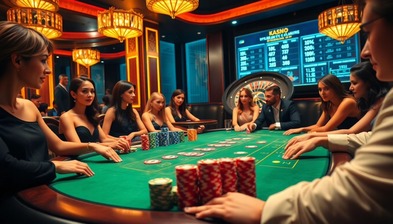 A thrilling poker game at a lavish casino, highlighting the excitement at https://rr88e2.com/ with vibrant chips and cards.