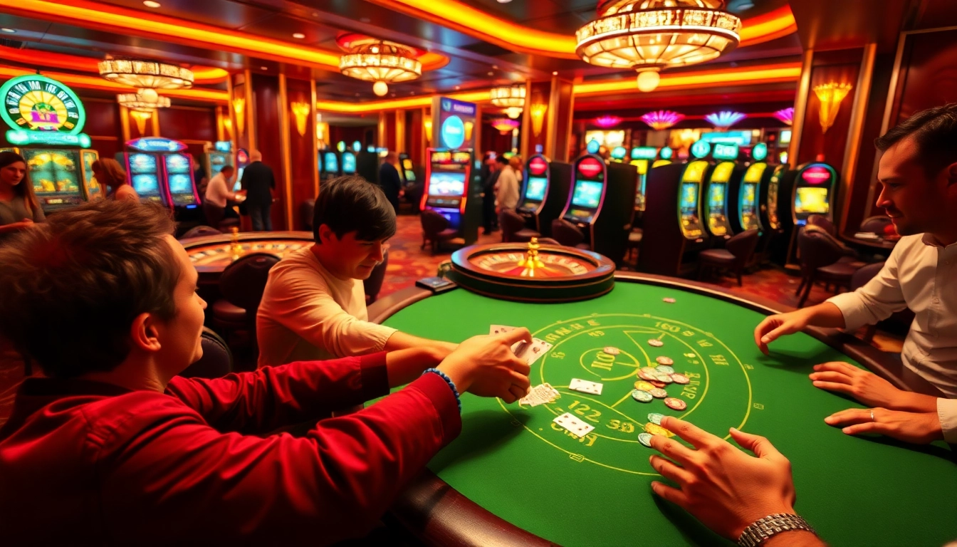 Players strategizing at a blackjack table in 123B casino with vibrant chips and cards.