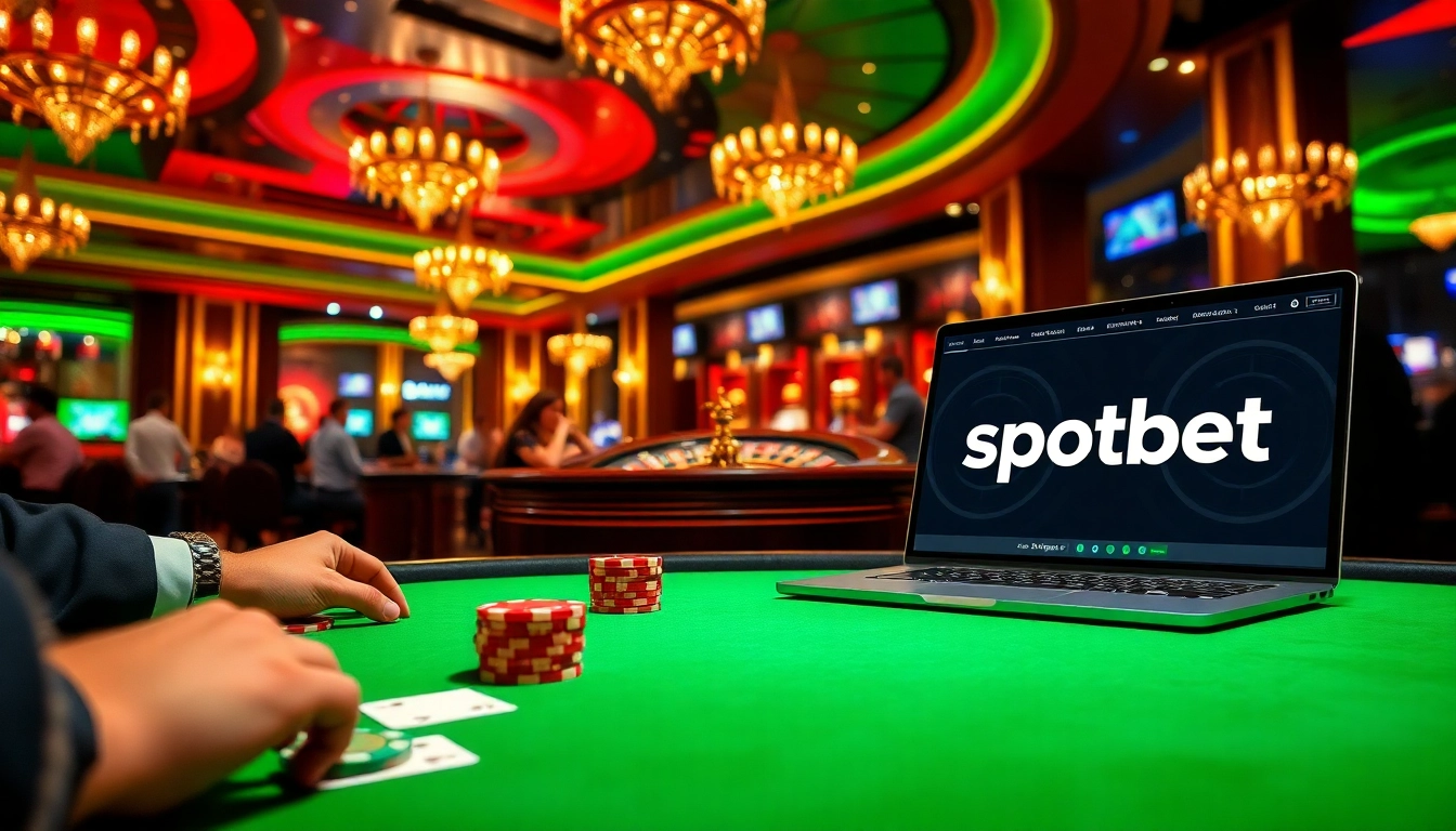 Discover spotbet action at a poker table with vibrant chips and a roulette wheel.