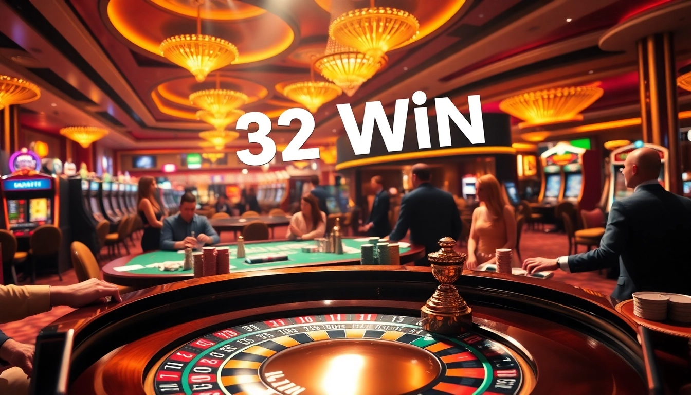 Players engaged with slot machines and poker games at a bustling casino with "32 Win" signage, radiating excitement.