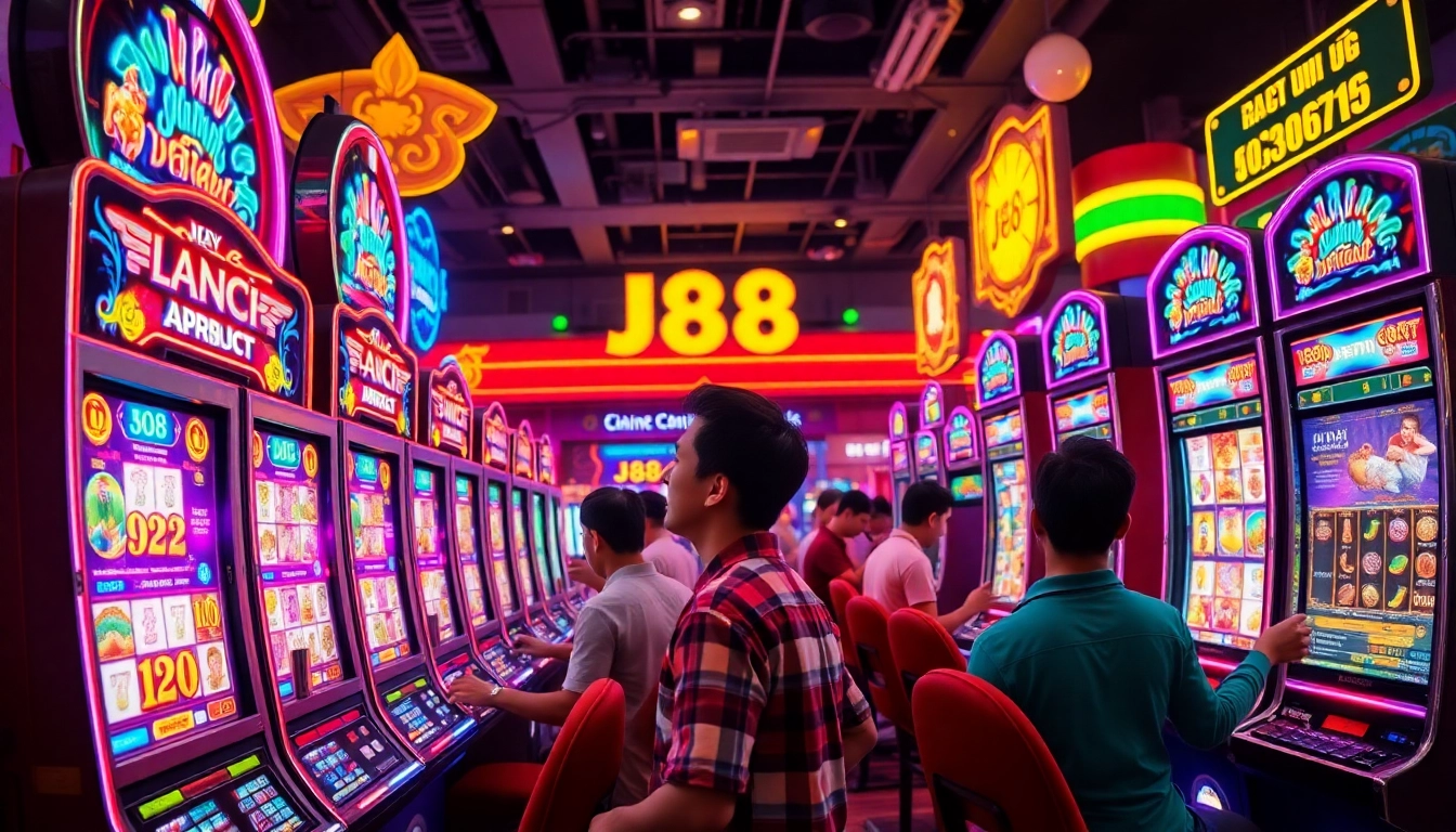Experience thrilling moments with J88 nổ hũ as players engage at the slot machines.