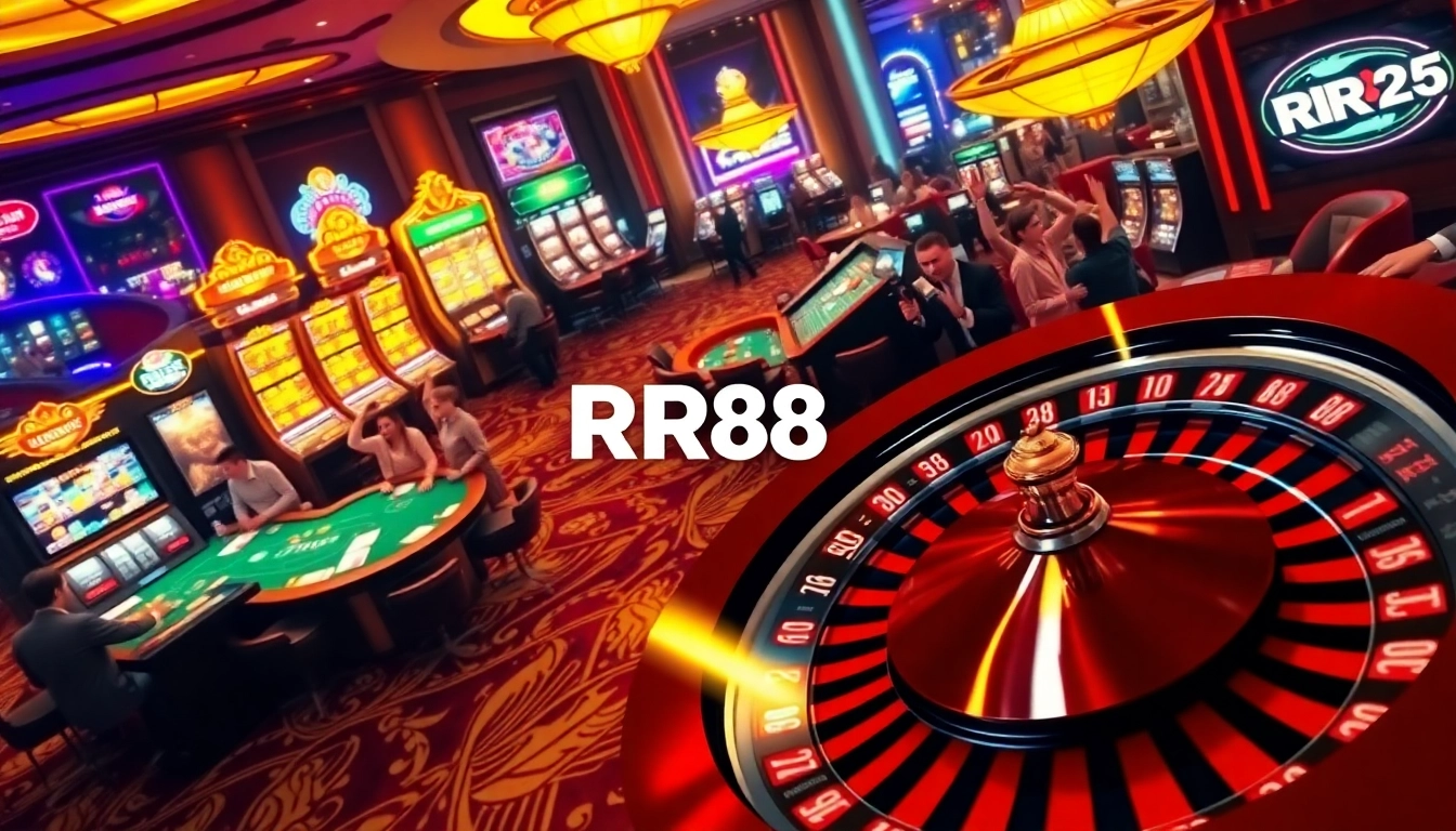 Engage with thrilling games at RR88 casino, featuring live poker tables and vibrant slot machines in action.