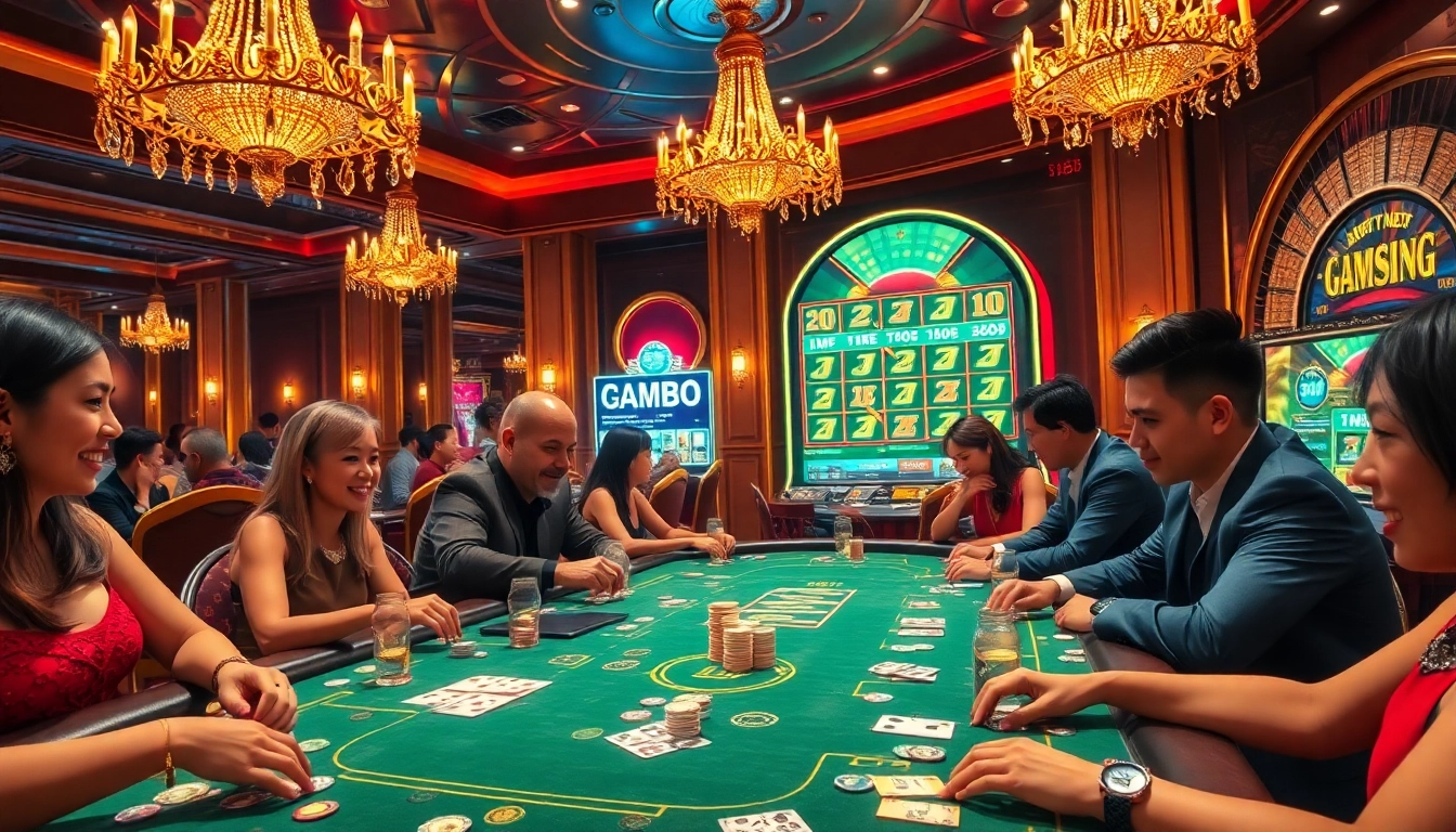 Players enjoying an exciting night at Web 68 game bài with poker tables and a jackpot slot machine in the background.