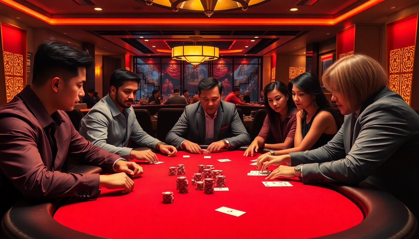 Players enjoying the excitement of poker at a luxury casino, showcasing Web 68 game bài thrills.