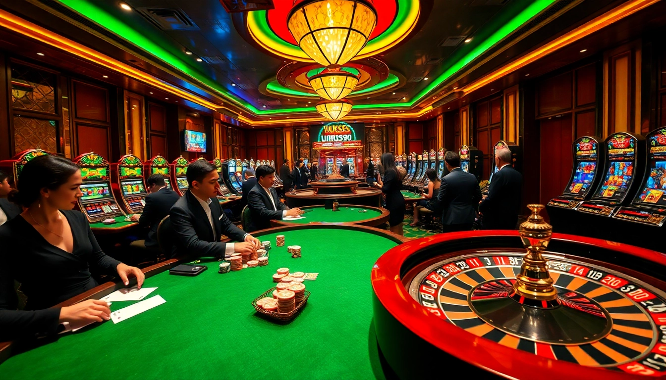 Players enjoy a thrilling game at URUS99 casino tables, surrounded by vibrant slot machines and roulette wheels.