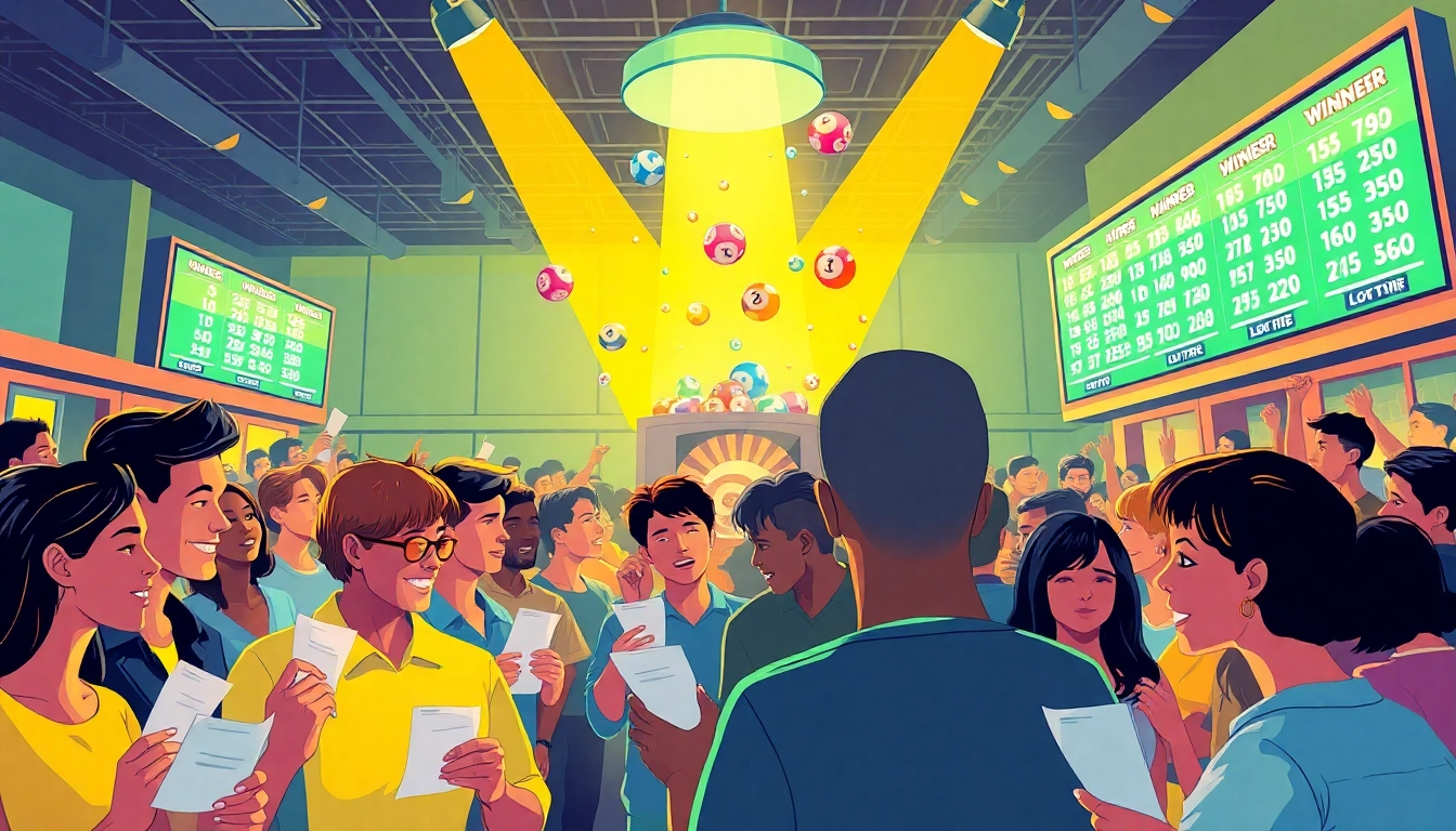 Excited participants eagerly check their lottery tickets in a vibrant, spirited atmosphere.