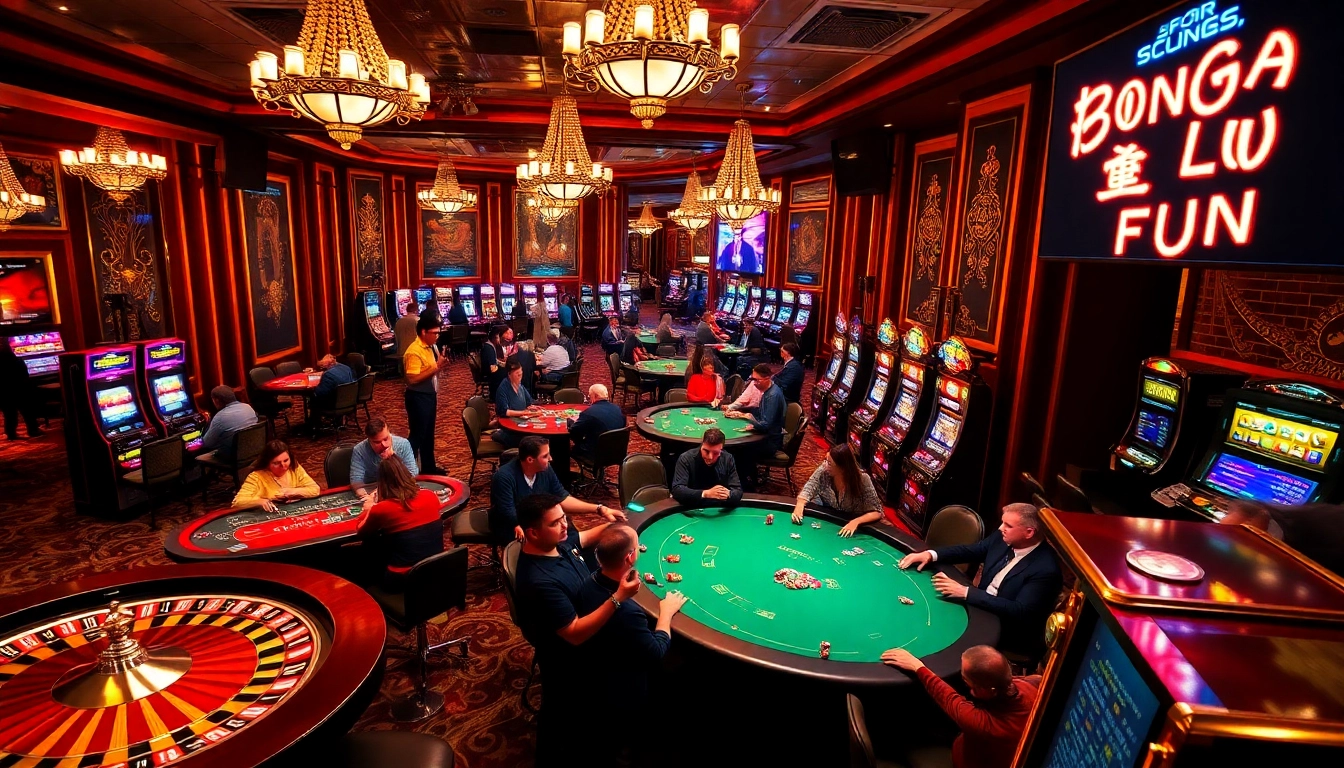 Experience the thrill of Bong Da Lu Fun at a vibrant casino with dynamic gambling action at various tables.
