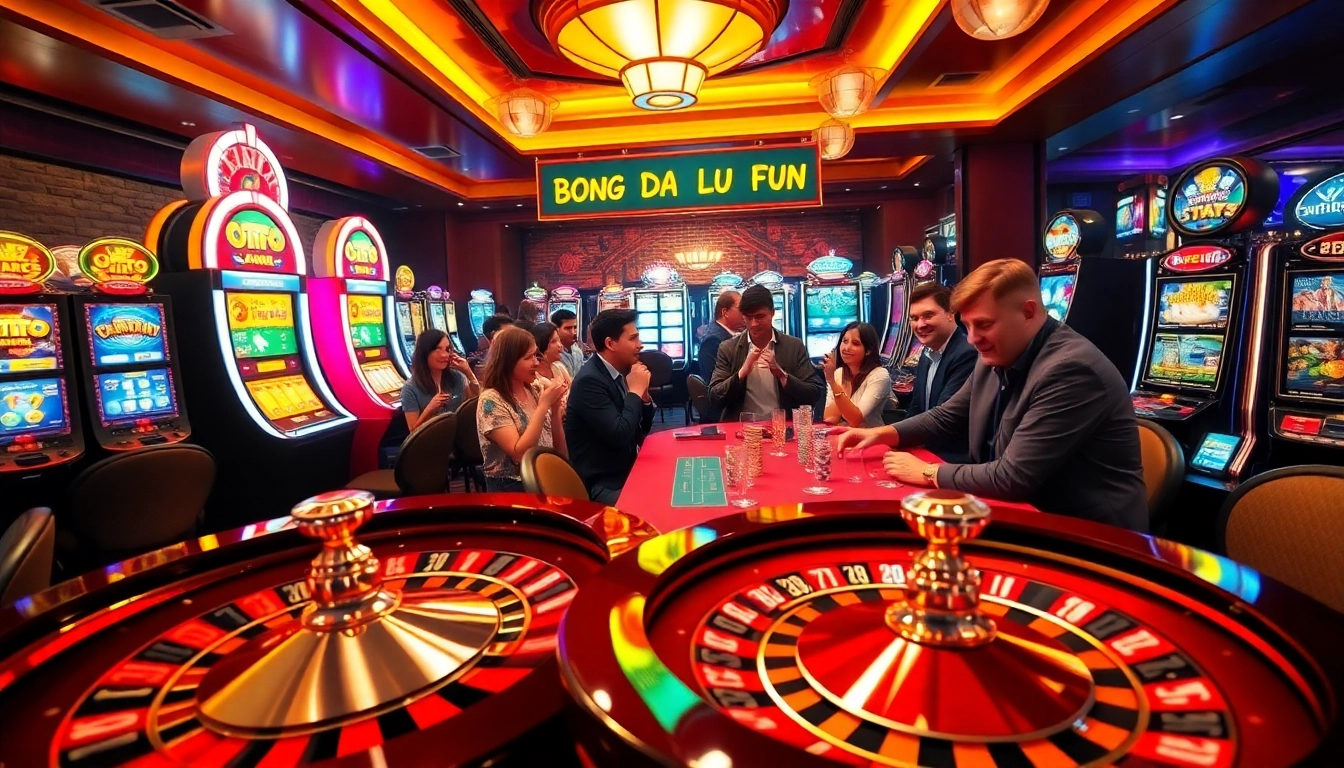 A lively casino atmosphere with players enjoying poker and betting on bong da lu fun activities, showcasing an engaging roulette wheel.