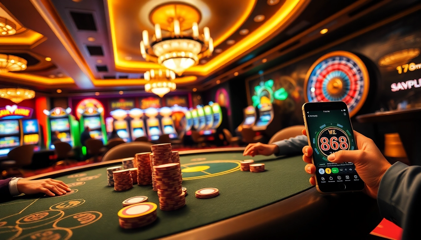 Experience thrilling high-stakes action with Web 68 game bài at a poker table in a vibrant casino.