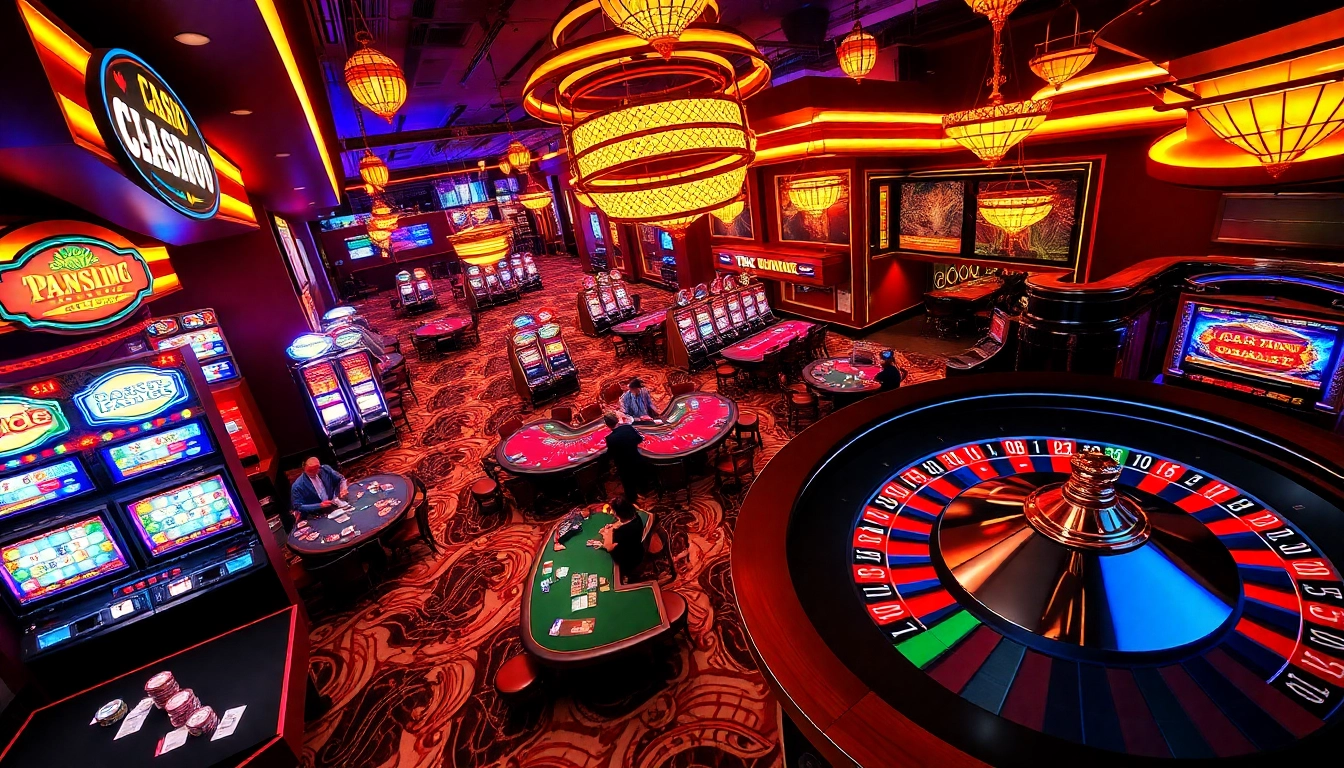 Experience the excitement of nhà cái uy tín nhất Việt Nam through a vibrant casino scene filled with players at roulette and poker tables.
