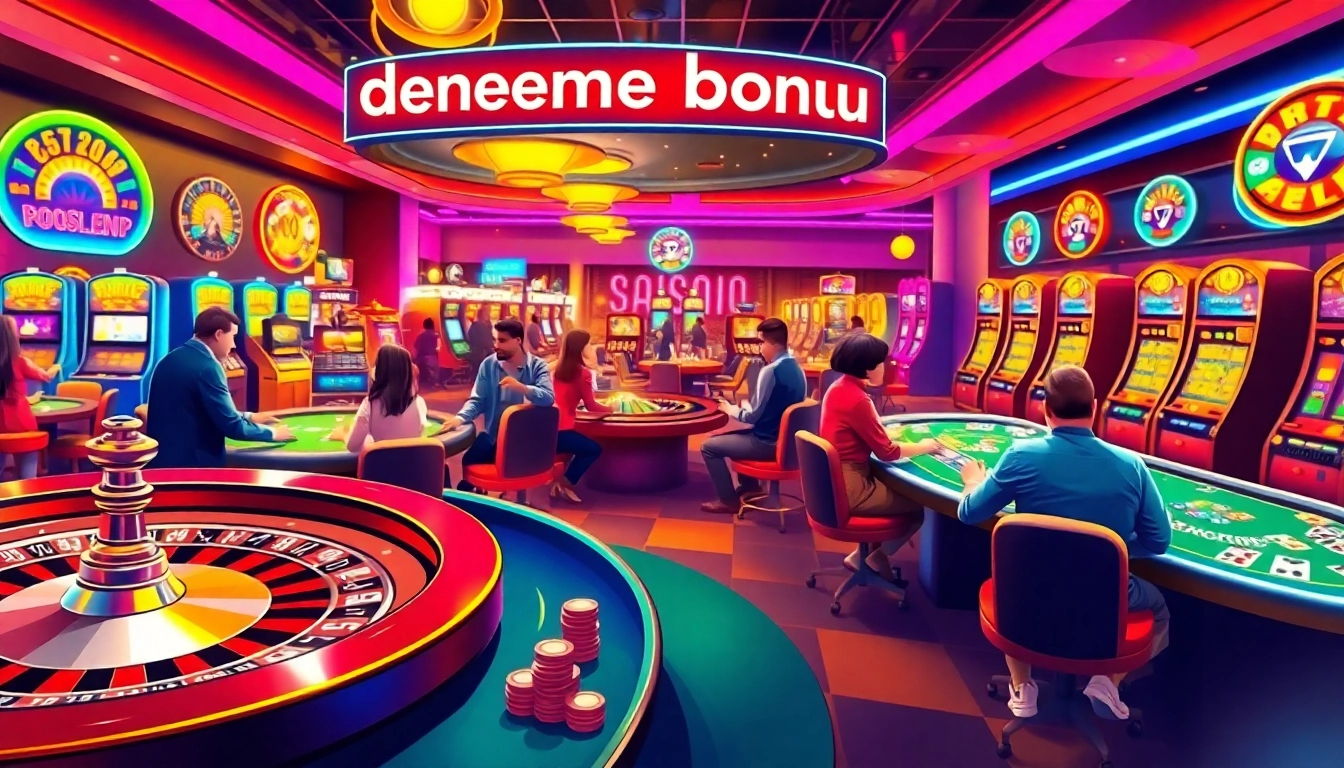 A vibrant casino scene showcasing players at a roulette table, blackjack, and slots, symbolizing deneme bonusu veren siteler excitement.