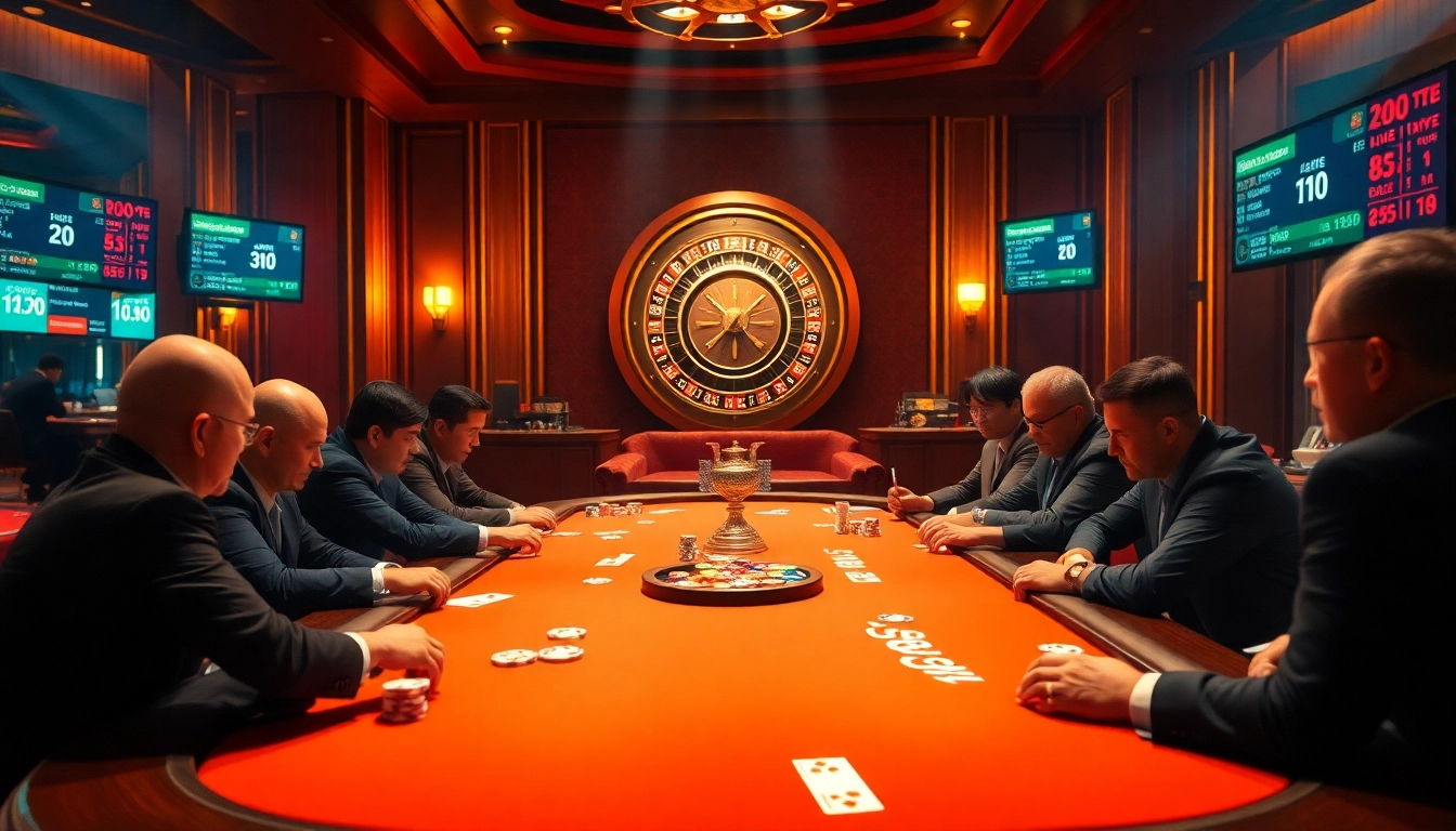 Bong da lu fun esports betting experience at a lively casino with poker players and a roulette wheel.