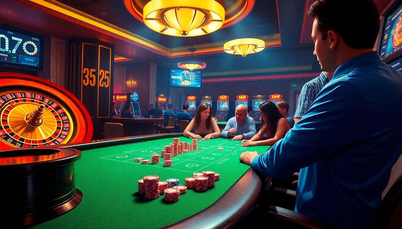 Experience the thrill of winning at ketqua24.net with players enjoying poker and roulette in an upscale casino setting.