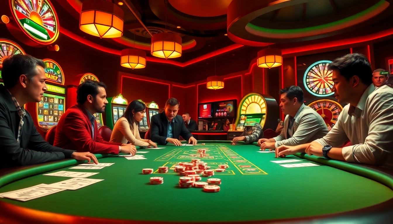 Experience the thrill of character ai 18 at a captivating poker table surrounded by slot machines in a busy casino.