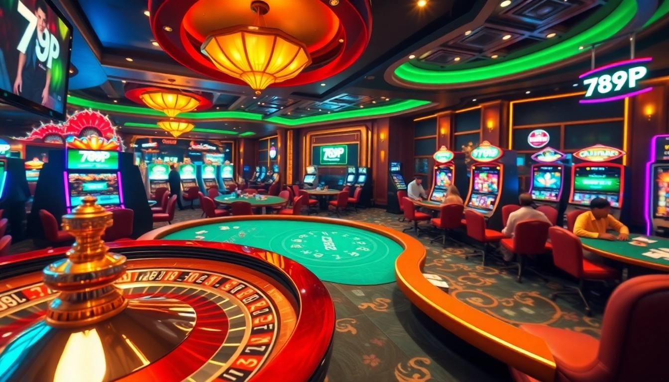 Experience the excitement of 789P with players engaging at roulette and poker tables in a bustling casino atmosphere.
