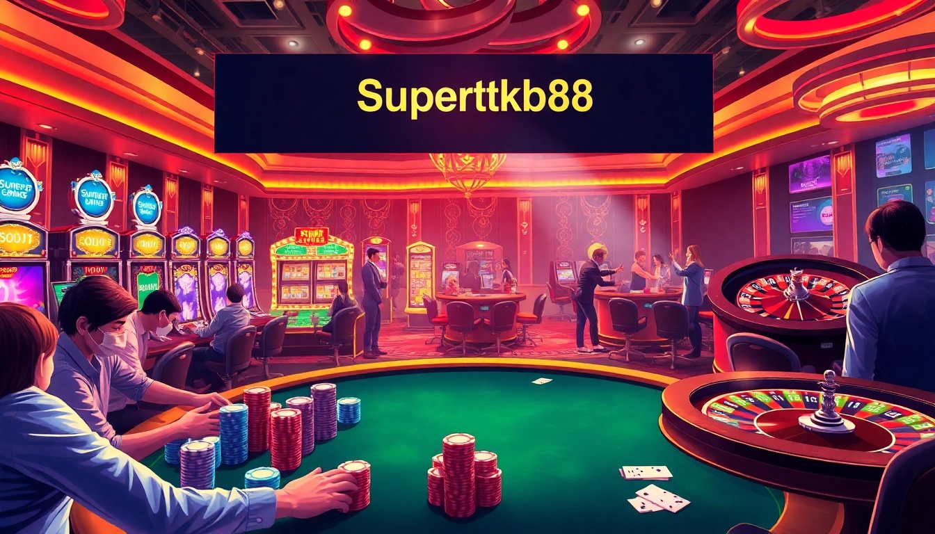 Supertkb88 offers an exciting casino experience with players at poker tables, vibrant slot machines, and strategic gameplay.